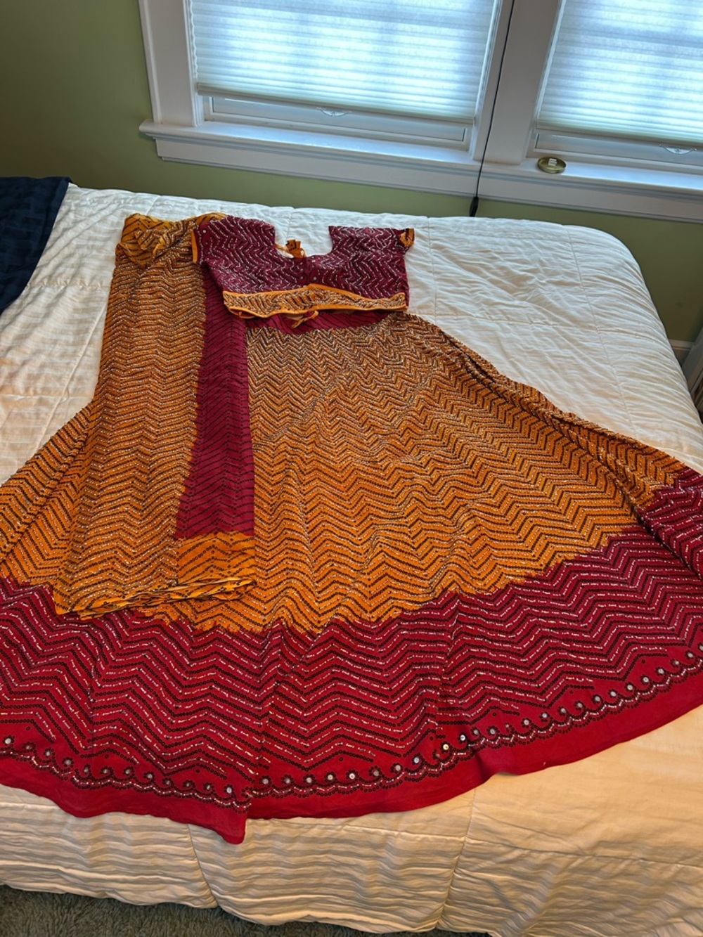 Mustard and Deep Red Embellished Lehenga Set